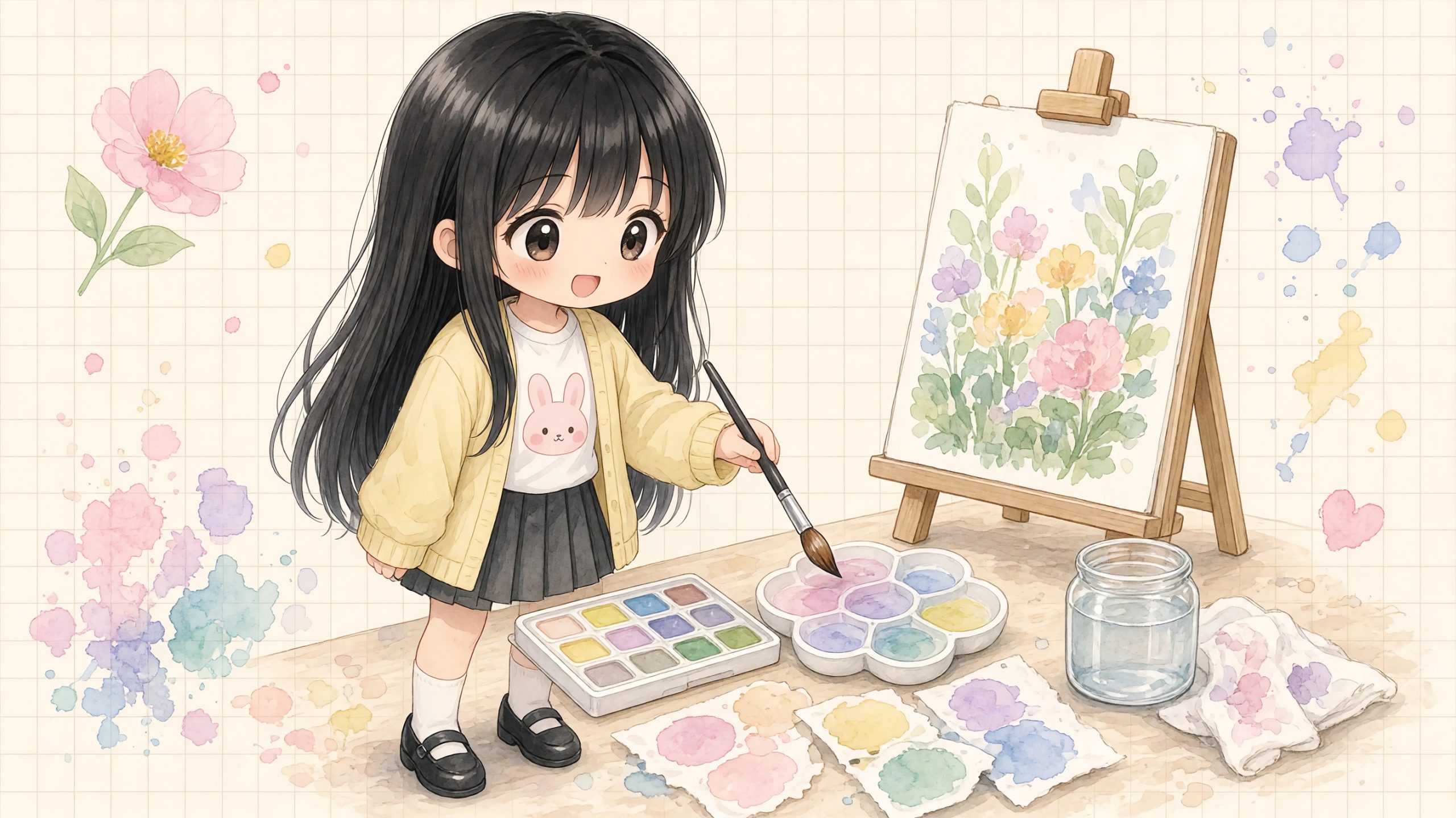 插畫：女孩拿著畫筆站在畫架前，桌上有水彩與調色盤