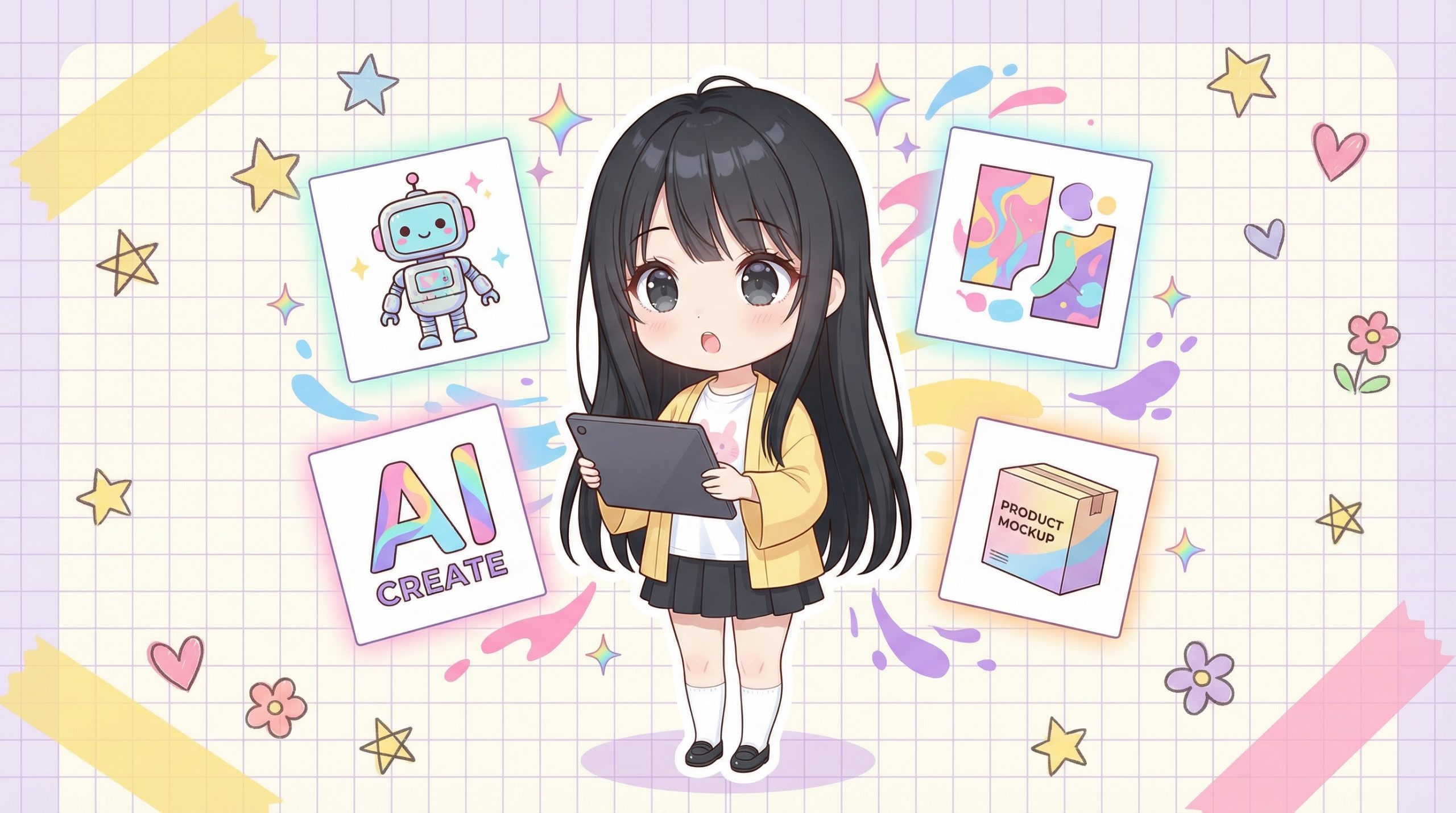 Midjourney 和 DALL-E 視覺設計靈感 - 小Q拿著平板欣賞AI生成的藝術作品