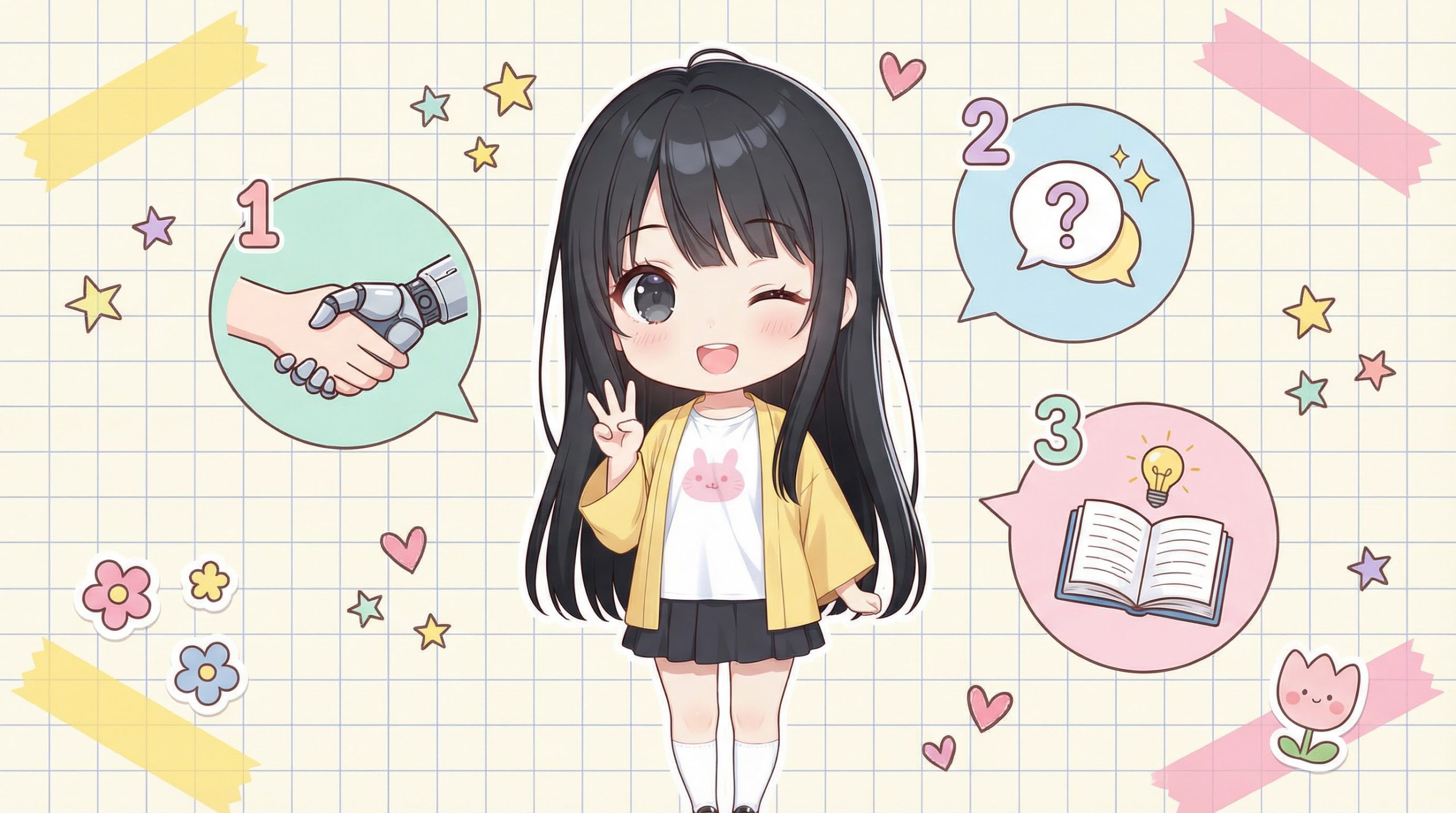 使用 AI 工具的三個小建議 - 小Q比出三的手勢分享建議